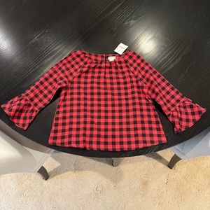 NWT Crewcuts J.Crew Girls Flannel Bell Sleeve Blouse in Red/Black Check, 6-7